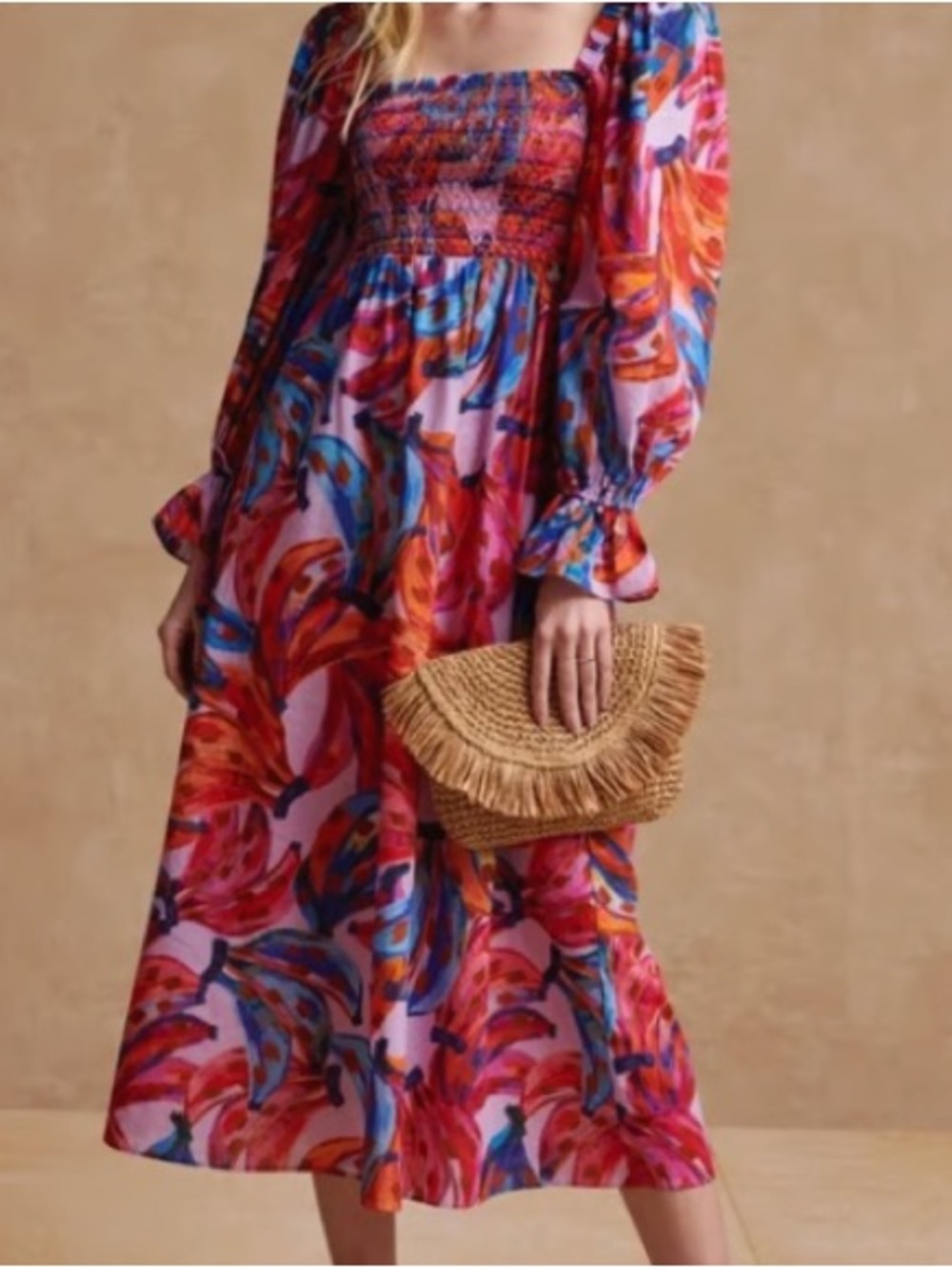 FARM Rio Pink Multi Smocked Square-Neck Midi Dress
